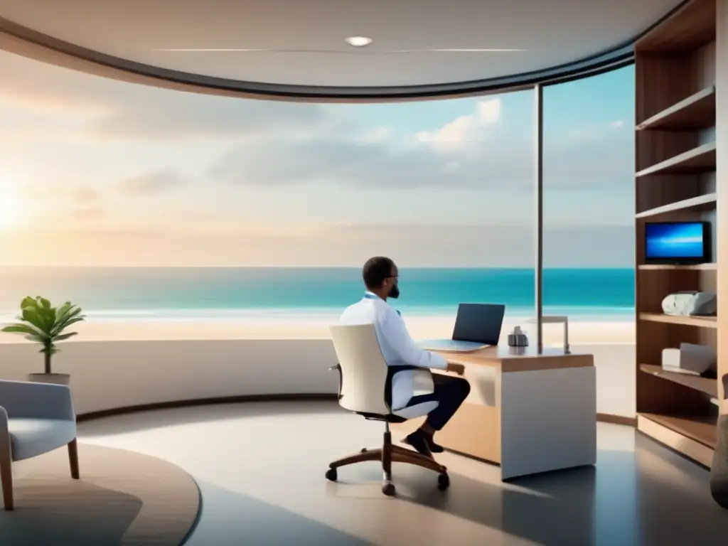 Consulta médica virtual en sala con vista a playa Consulta médica por telemedicina con vista a playa, elegante sala y equipo de última tecnología