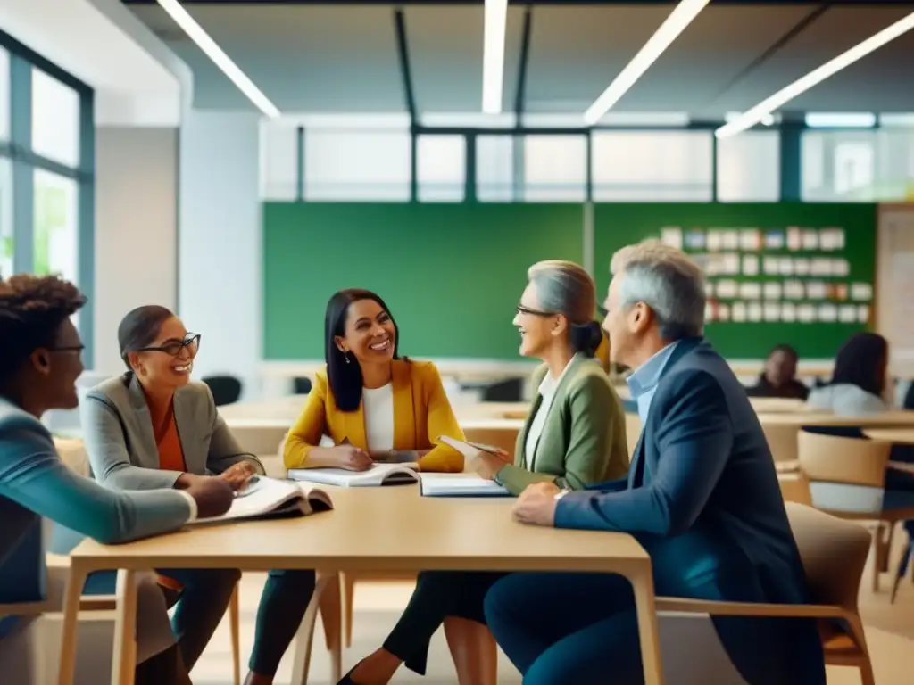 Conversación animada en aula moderna Destinos lingüísticos para adultos mayores en aula moderna con conversaciones vivas y ambiente inclusivo