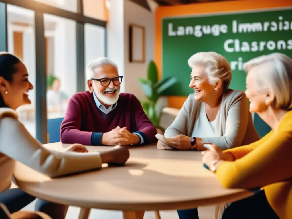 Seniors conversando en programa de inmersión lingüística Beneficios viajes lingüísticos tercera edad: seniors interactúan en aula moderna, creando ambiente inclusivo y amistades nuevas