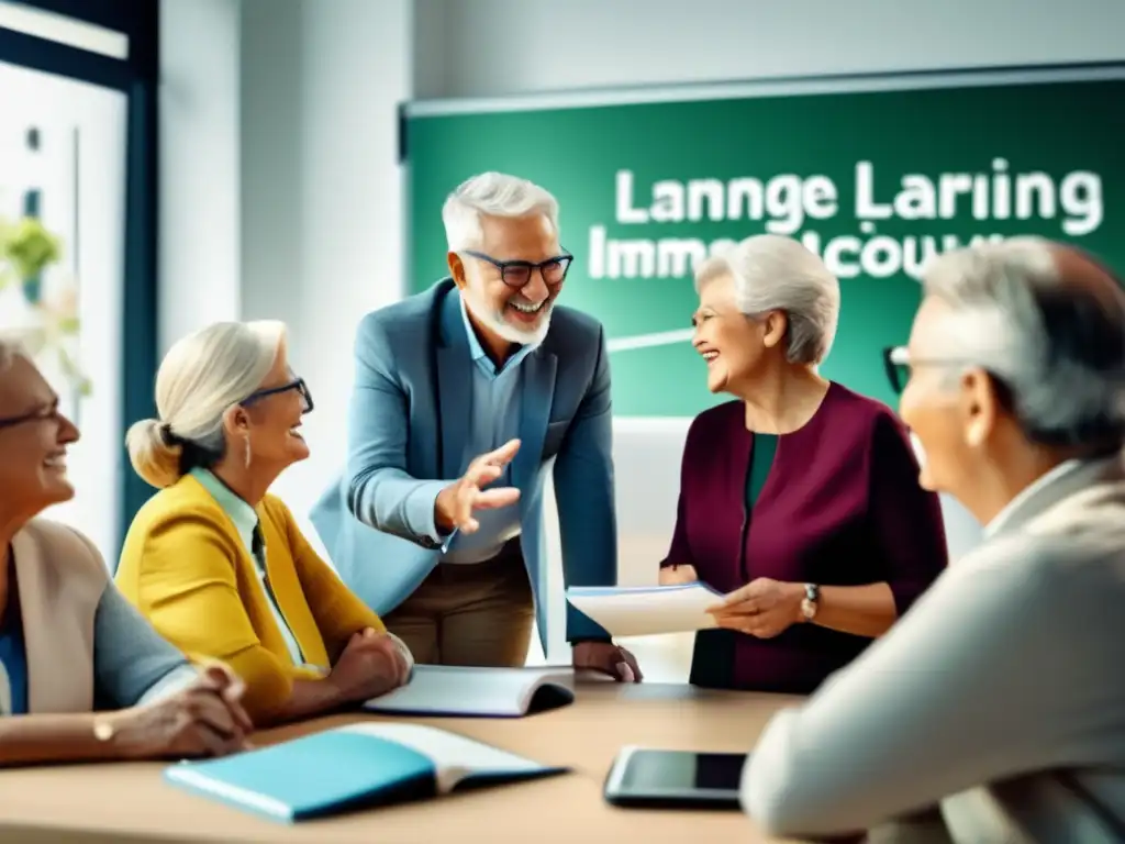 Clase de idiomas para adultos mayores Viajes lingüísticos para adultos mayores en un aula moderna con tecnología avanzada y entusiasmo
