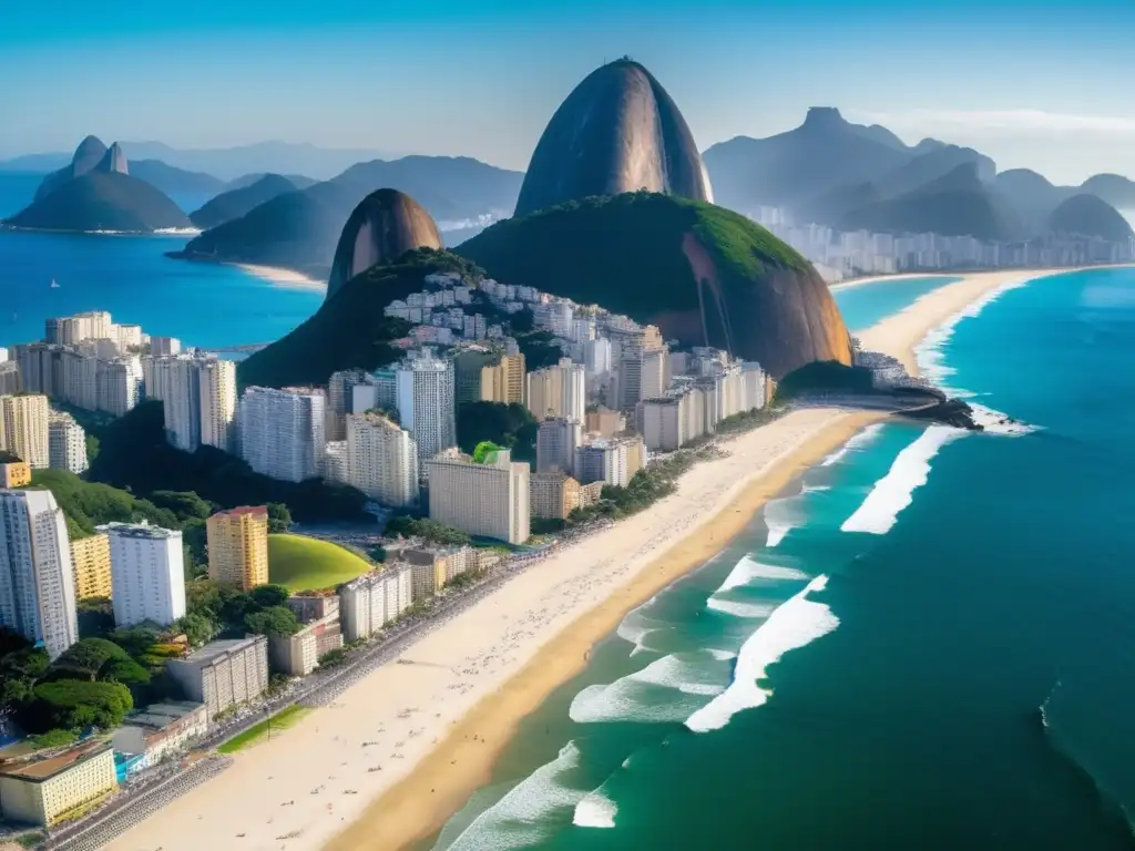 Playa Copacabana en Río de Janeiro Experiencias seguras en Rio de Janeiro: Playa Copacabana, arena dorada, aguas turquesa, sombras de palmeras, viajeros maduros y montaña Sugarloaf