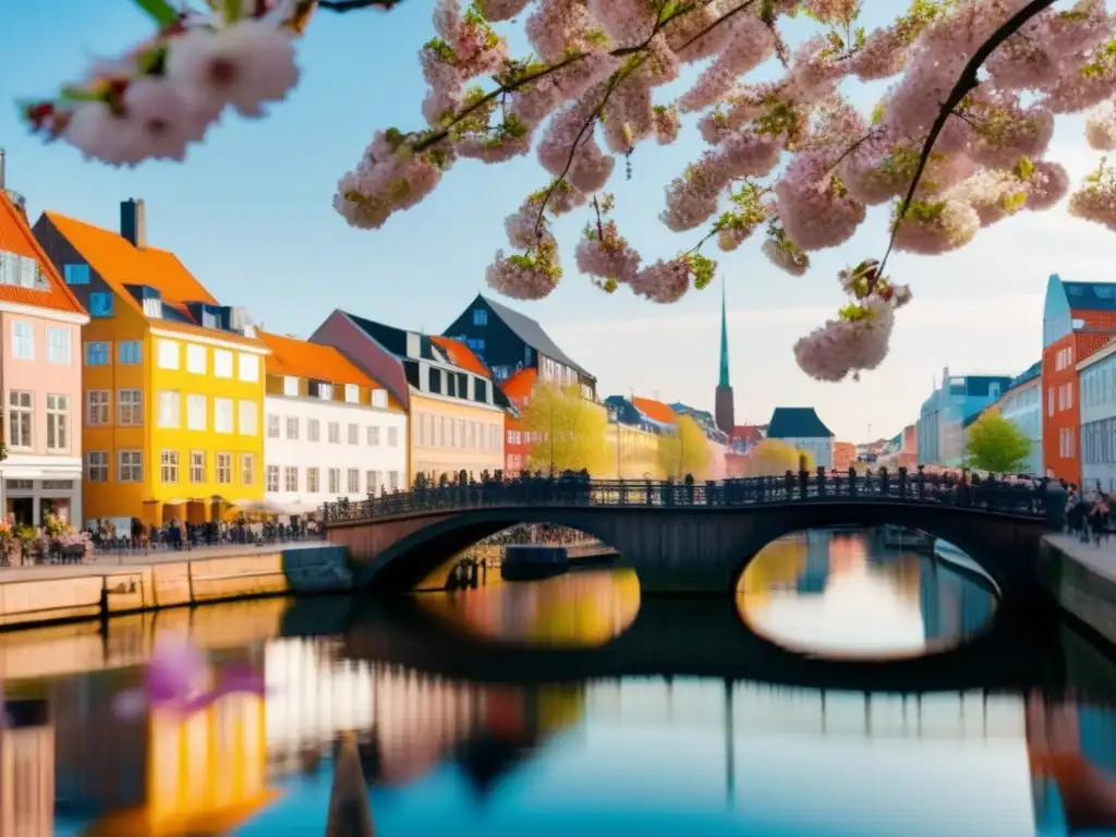 Aventuras tranquilas para turistas maduros en Copenhague: hermoso escenario con canal sereno y sakura floreciente