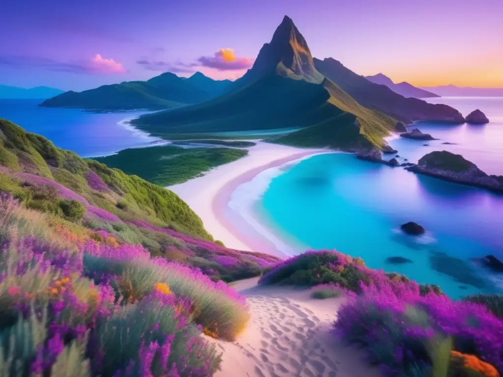Paisaje costero con sendero y montañas Beneficios del ecoturismo para mayores: senderismo en paisaje costero, montañas majestuosas, aguas turquesas, y tranquilidad de la naturaleza