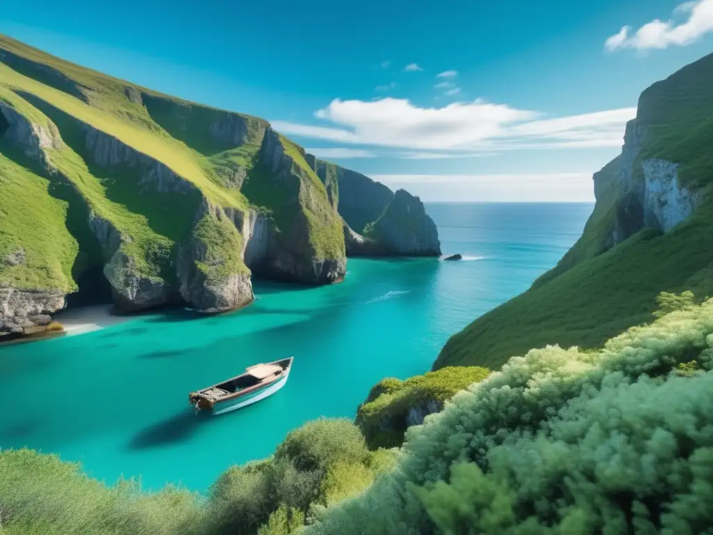 Paisaje costero sereno con aguas turquesas y barco tranquilo Un paisaje costero tranquilo con aguas turquesas y un barco navegando pacíficamente