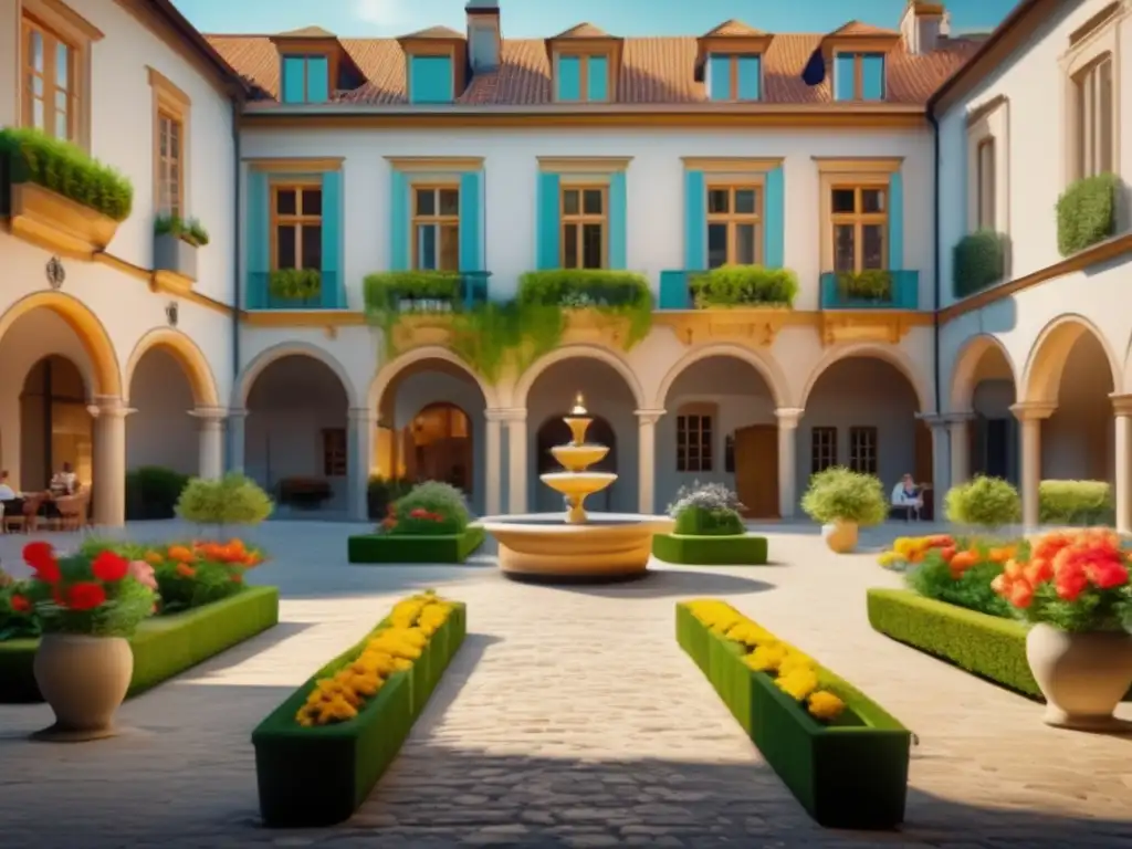 Encantador patio histórico en ciudad europea Destino cultural tranquilo para seniors: hermoso patio europeo con vegetación exuberante, arquitectura histórica y grupo de personas paseando