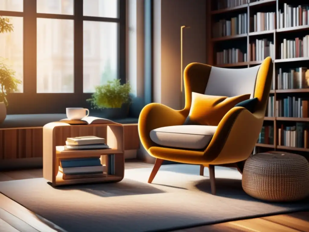 Rincón de lectura acogedor con luz natural cálida y libros de viaje Imagen de una acogedora área de lectura en una sala moderna, iluminada por luz natural a través de grandes ventanas