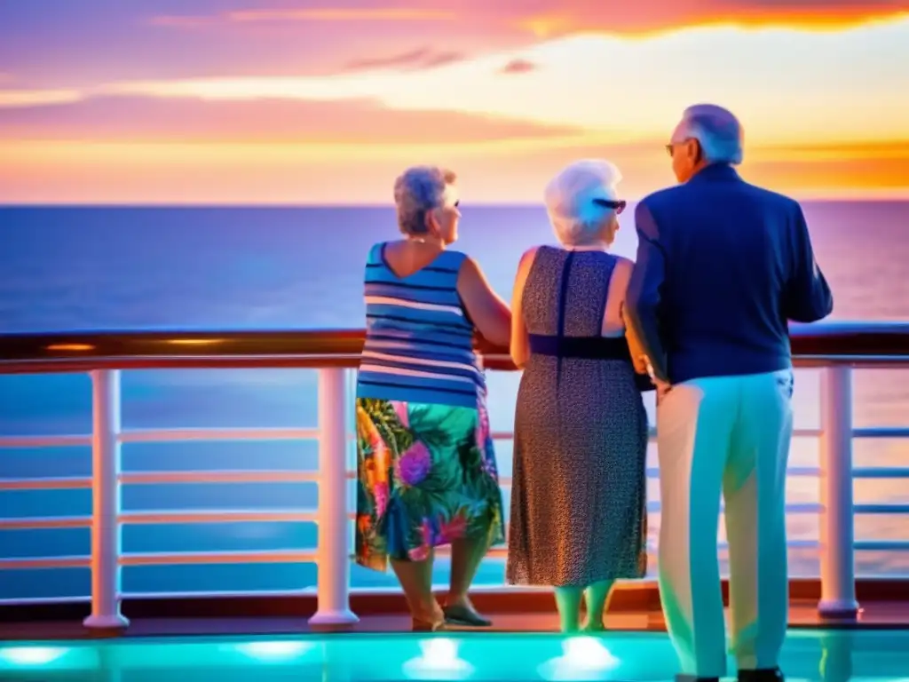 Crucero para adultos mayores disfrutando del mar Grupo de adultos mayores disfrutando de un crucero: Modalidades de viaje para mayores en retiro