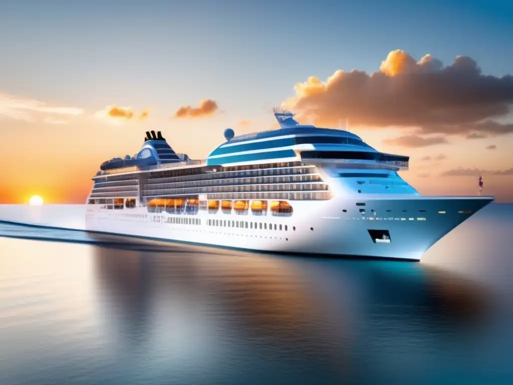 Consejos para viajes marítimos seguros y enriquecedores: un crucero de lujo al atardecer, navegando por aguas tranquilas y cristalinas