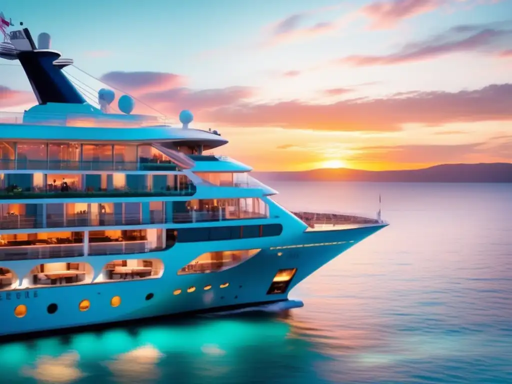 Crucero de lujo en aguas turquesas Experiencia enriquecedora viaje marítimo: Crucero de lujo, aguas turquesa, atardecer pintoresco, barco elegante, actividades emocionantes