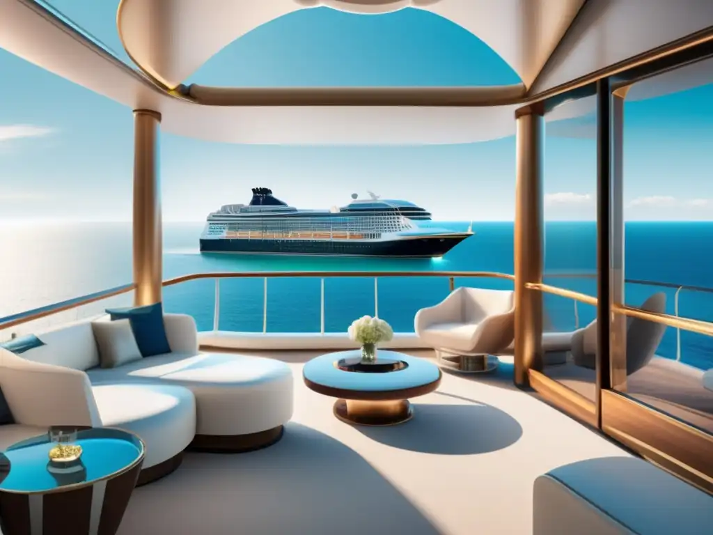Lujoso crucero navegando bajo cielo azul Cruceros para viajeros maduros: Imagen de lujoso barco de crucero en el mar, elegante y moderno