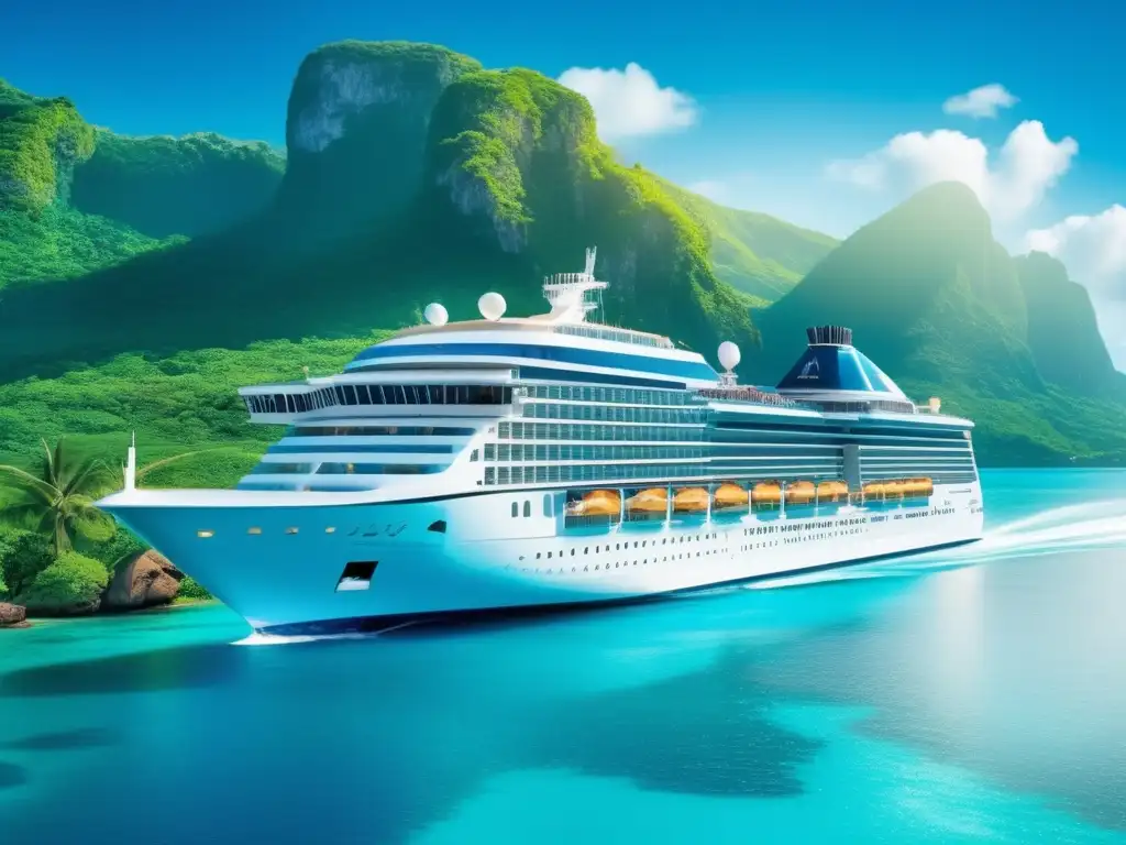 Crucero de lujo surcando aguas turquesas Crucero de lujo navegando por aguas turquesas con paisaje idílico y viajeros felices