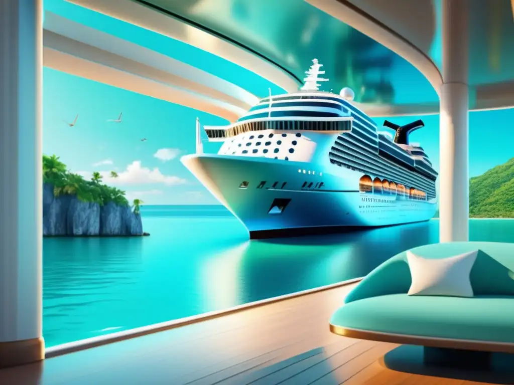 Crucero de lujo en aguas turquesas con actividades para viajeros adultos Cruceros para viajeros maduros: lujoso barco navegando en aguas turquesas rodeado de islas verdes, con actividades y camaradería