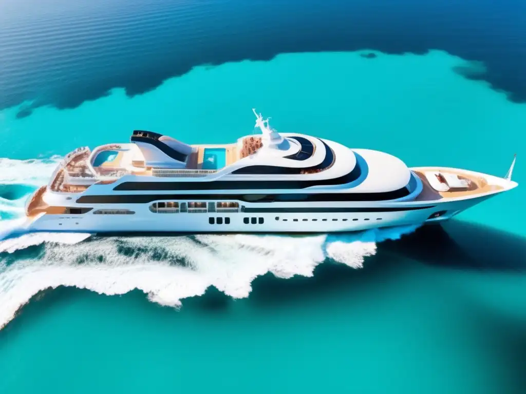 Crucero de lujo navegando en aguas turquesas Crucero de lujo para mayores, navegando en aguas turquesas, con vistas panorámicas, loungers elegantes y servicio impecable