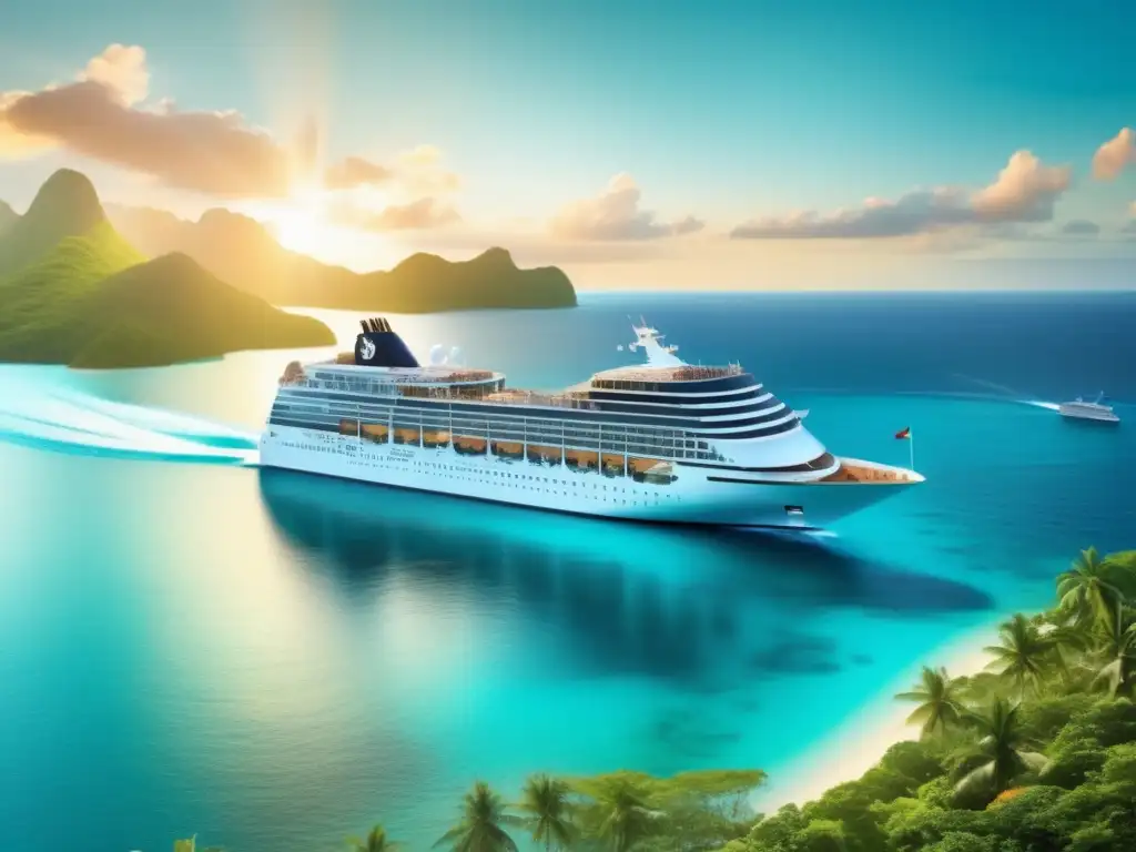 Crucero de lujo navegando en aguas turquesas, rodeado de islas tropicales Crucero de aventura para viajeros maduros navegando en aguas turquesas rodeado de islas tropicales