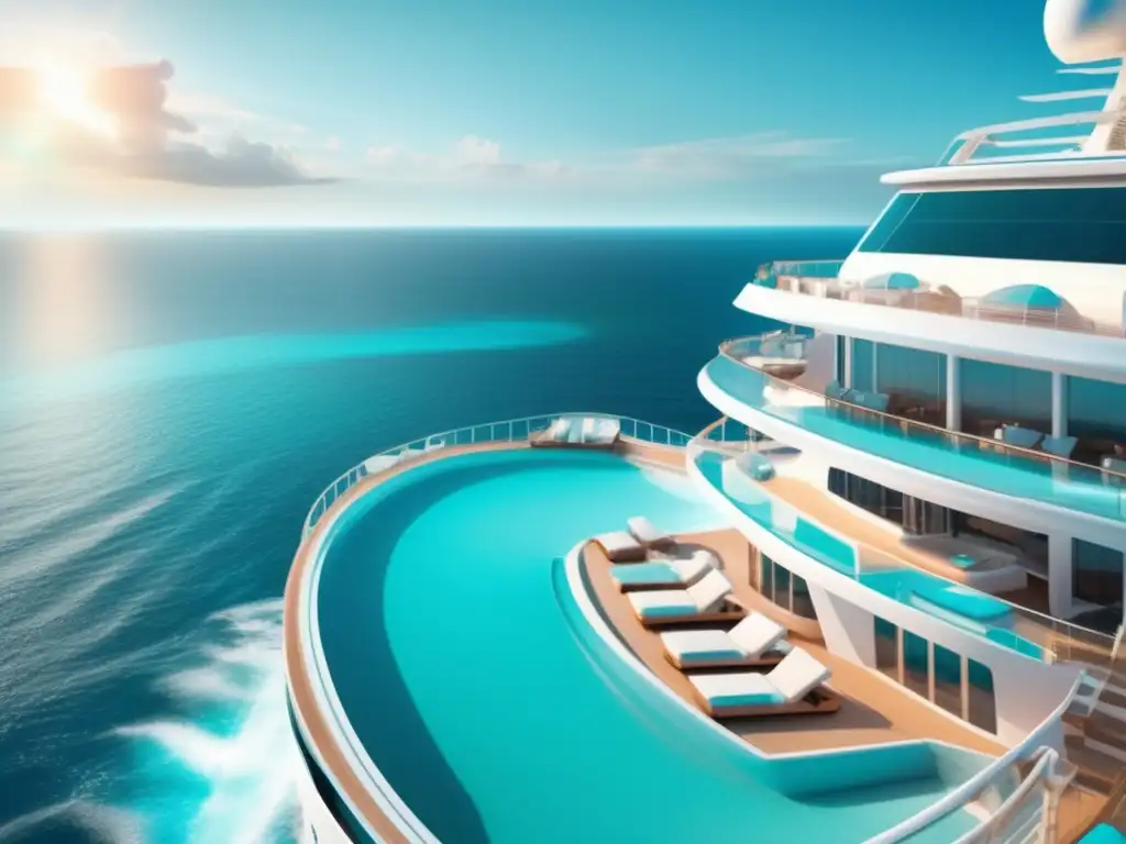 Crucero de lujo navegando en aguas turquesas Experiencias enriquecedoras viaje marítimo: crucero de lujo en aguas turquesas con sol brillante y balcones blancos y azules