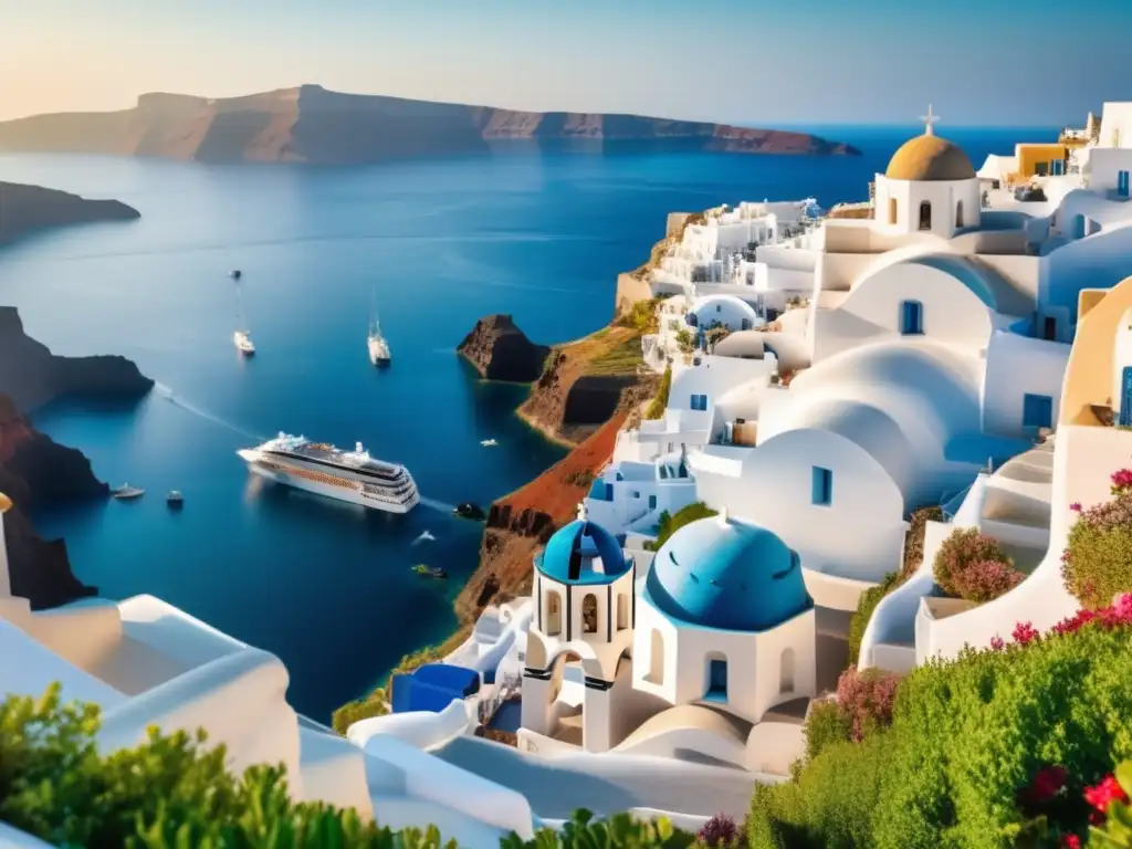 Crucero de lujo en las Islas Griegas Actividades en crucero para adultos mayores en las Islas Griegas con vista panorámica de Santorini y atardecer mágico