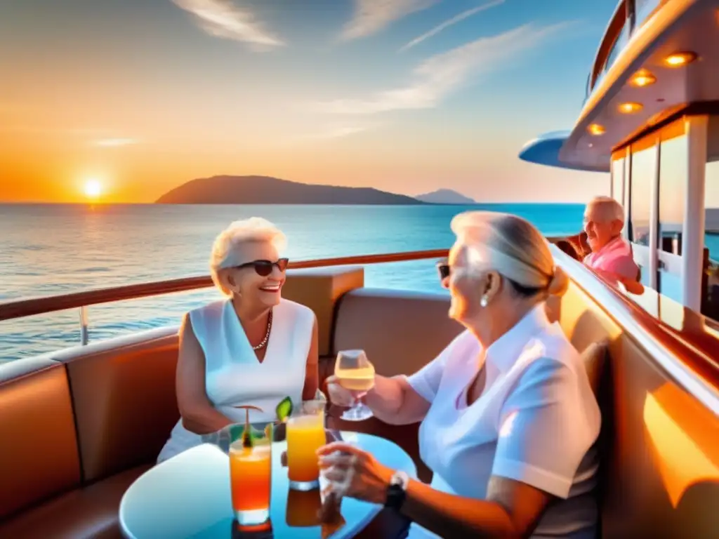 Crucero pintoresco para adultos mayores Un grupo de seniors disfruta de un crucero escénico en una costa pintoresca