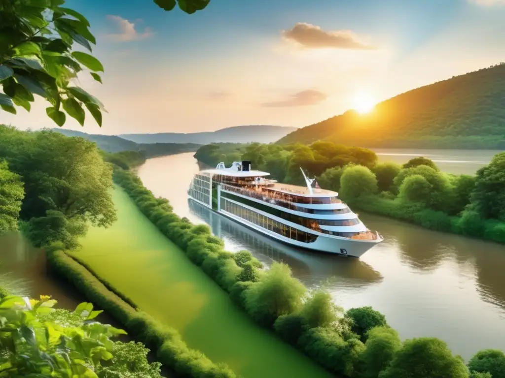 Crucero de lujo en un río sereno Cruceros fluviales para viajeros maduros en un lujoso barco rodeado de paisajes verdes y con modernas comodidades