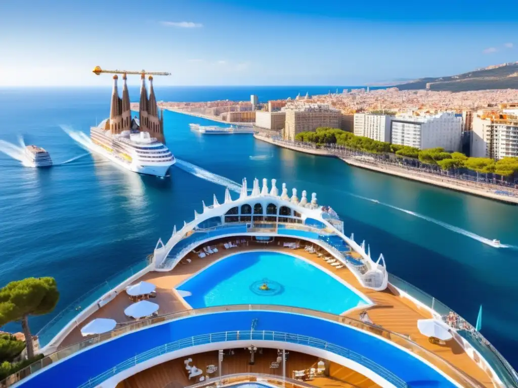 Un crucero mediterráneo en Barcelona Crucero en el Mediterráneo: Sagrada Familia, aguas azules, barco lujoso, vistas panorámicas, viajeros mayores