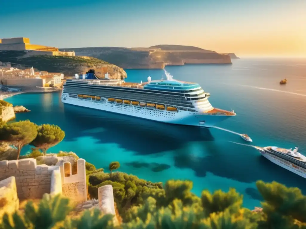 Crucero mediterráneo: aguas azules y ruinas antiguas Cruceros para viajeros maduros en el Mediterráneo: imagen impresionante de un crucero en aguas azules y costas llenas de historia y encanto