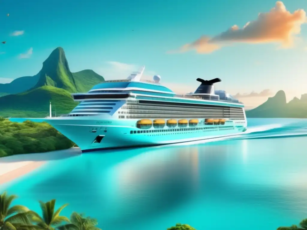 Crucero moderno en aguas turquesas, con isla tropical de fondo Cruceros seguros para viajeros maduros: Imagen de un moderno crucero de 8k navegando en aguas turquesas, rodeado de una isla tropical