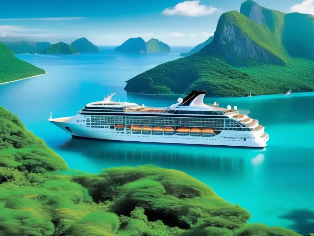 Crucero moderno navegando en aguas turquesas Crucero elegante navegando en aguas turquesas rodeado de islas verdes