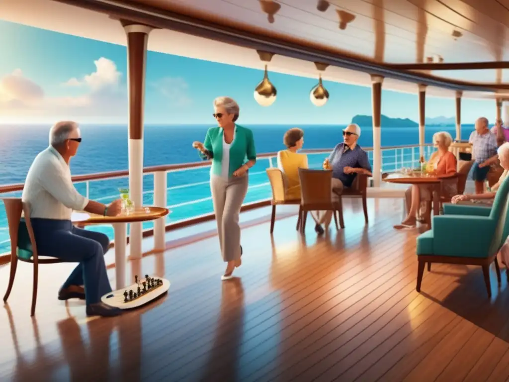 Viajeros maduros disfrutando actividades a bordo Actividades a bordo para viajeros maduros seguros en un lujoso crucero con panorámica al mar azul