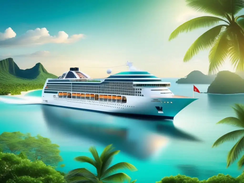Crucero de lujo navegando en aguas turquesas rodeado de islas tropicales Crucero de lujo para viajeros maduros en aguas turquesas, rodeado de islas tropicales verdes