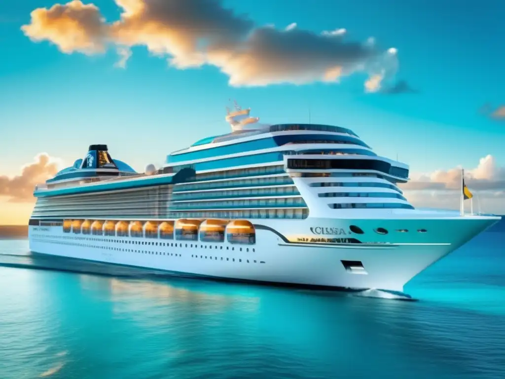 Un crucero lujoso navega por aguas turquesas del Caribe, con arquitectura moderna, actividades variadas y vistas panorámicas