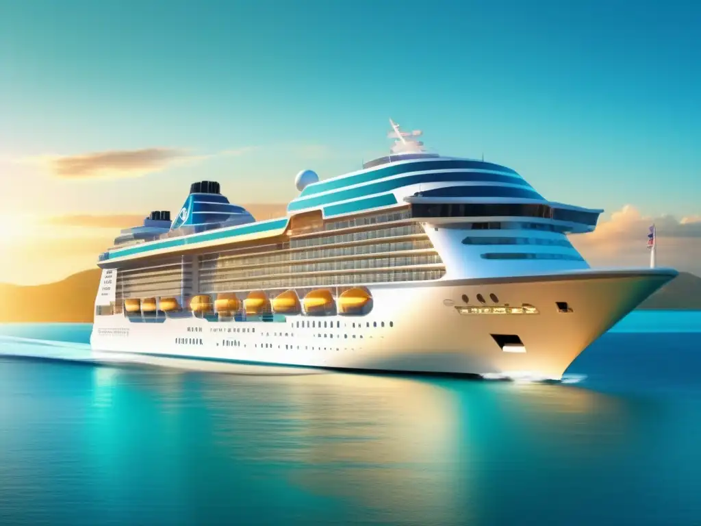 Un crucero de lujo navegando en aguas turquesa, rodeado de islas verdes y vida marina vibrante