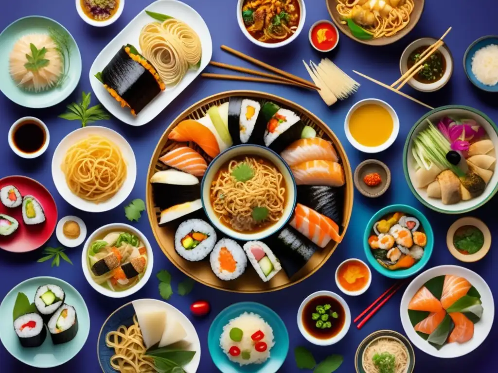 Delicias culinarias de Asia, Europa y América Plato diverso de comida asiática, europea y americana que representa la adaptación de dietas a diferentes culturas