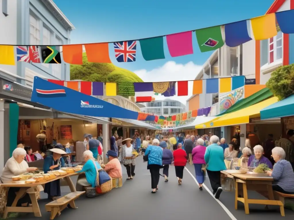 Actividades culturales vibrantes en Auckland para adultos mayores Experiencias para adultos mayores en Auckland: calle animada con arte, música y cultura