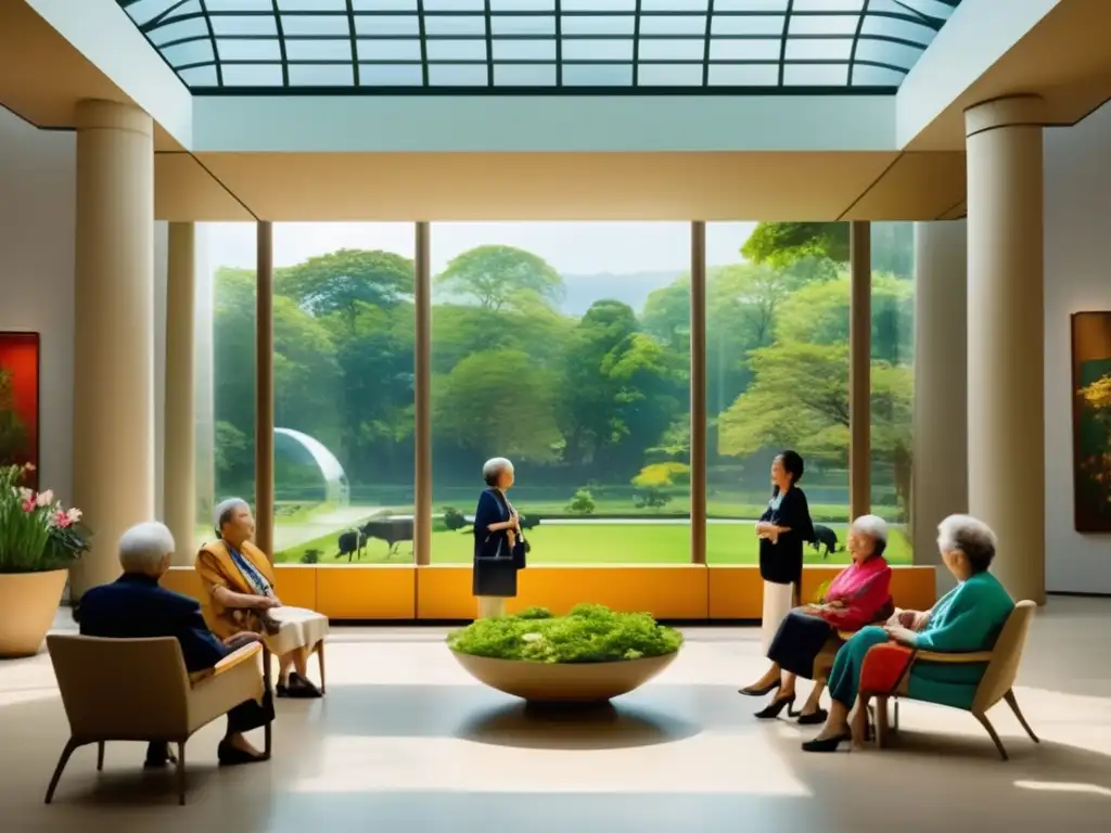 Cultura enriquecedora para adultos mayores Actividades culturales para viajeros senior en un museo de arte con obras clásicas y contemporáneas, elegancia y aprendizaje
