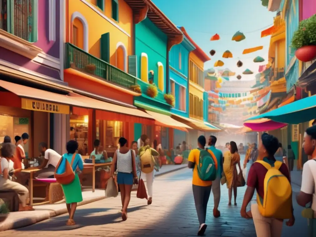 Consejos para viajes culturales enriquecedores en una vibrante calle llena de coloridos edificios, actividad y arte