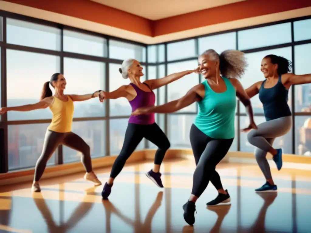 Grupo de viajeros maduros disfrutando de una clase de baile en una ciudad escénica Ejercicios para viajeros maduros disfrutando de una clase de baile en una ciudad escénica