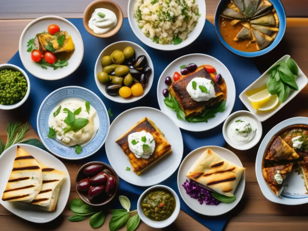 Deliciosa comida griega en una mesa festiva Escena gastronómica griega con platos tradicionales y saludables - Experiencias de viaje personalizadas para adultos mayores en Grecia
