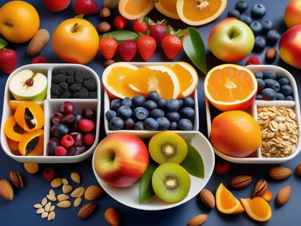 Frutas frescas, secas y nueces Snacks saludables para viajeros maduros: variedad de frutas frescas, frutos secos y semillas en una imagen vibrante y apetitosa