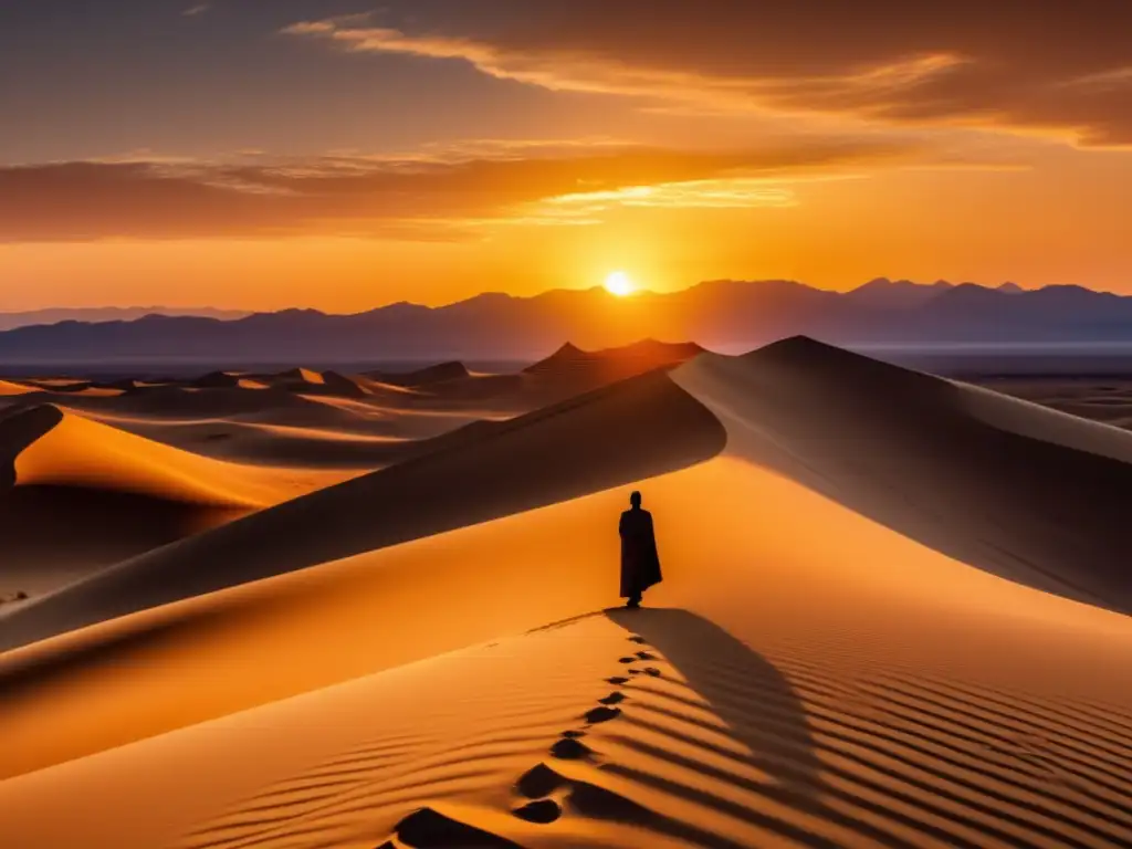Serenidad en el desierto al atardecer Viaje espiritual en el desierto al atardecer, figura solitaria en pose meditativa