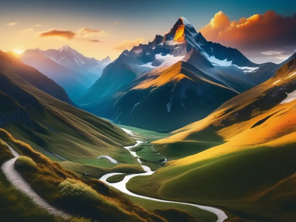 Paisaje montañoso al atardecer Destino emergente: paisaje montañoso impresionante al atardecer, con picos nevados, valles verdes y sendero invitador