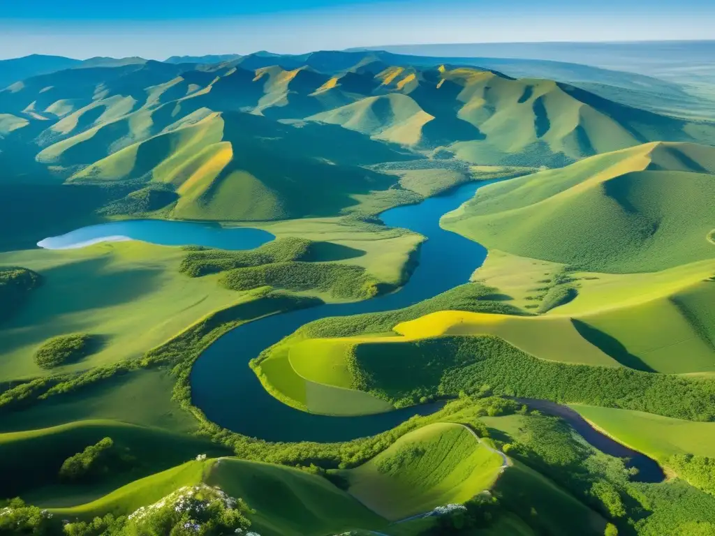 Paisaje sostenible: Montañas, río y vegetación Beneficios turismo sostenible: paisaje verde, río sereno, montañas nevadas