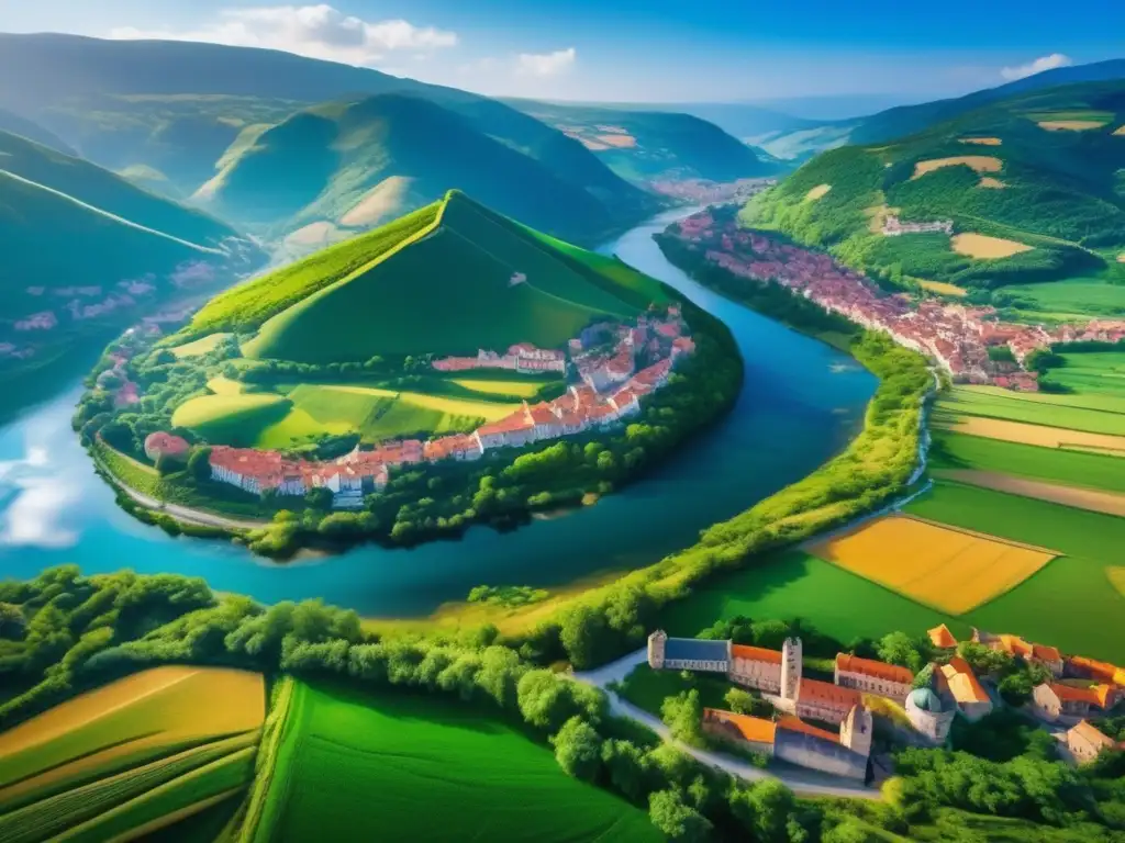 Hermoso paisaje con encanto histórico Destino emergente para viajeros maduros: paisaje impresionante de colinas verdes, río sereno, encantador pueblo histórico y montañas imponentes