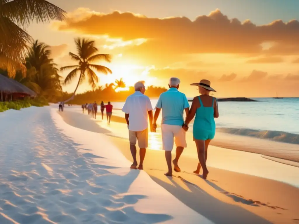 Felices viajeros senior disfrutando de una playa paradisíaca Viajar económico en la edad dorada: grupo de jubilados felices paseando en una playa paradisíaca