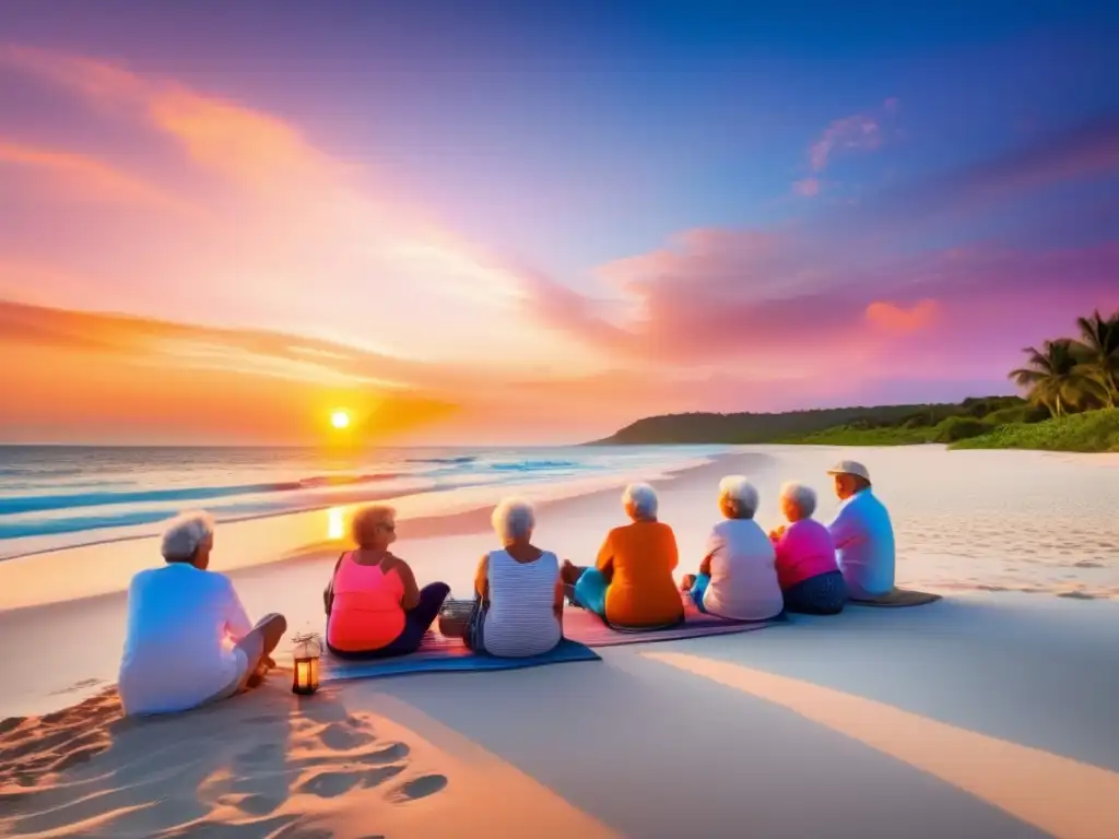 Destino sereno y hermoso para viajes de grupo de adultos mayores Viajes seguros en grupo para seniors: playa serena, cielo anaranjado, felicidad genuina