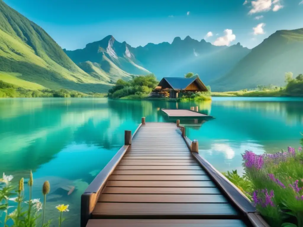 Destino turístico sostenible: lago turquesa y montañas verdes Destino turismo sostenible: lago turquesa, montañas verdes, eco lodge, actividades sostenibles
