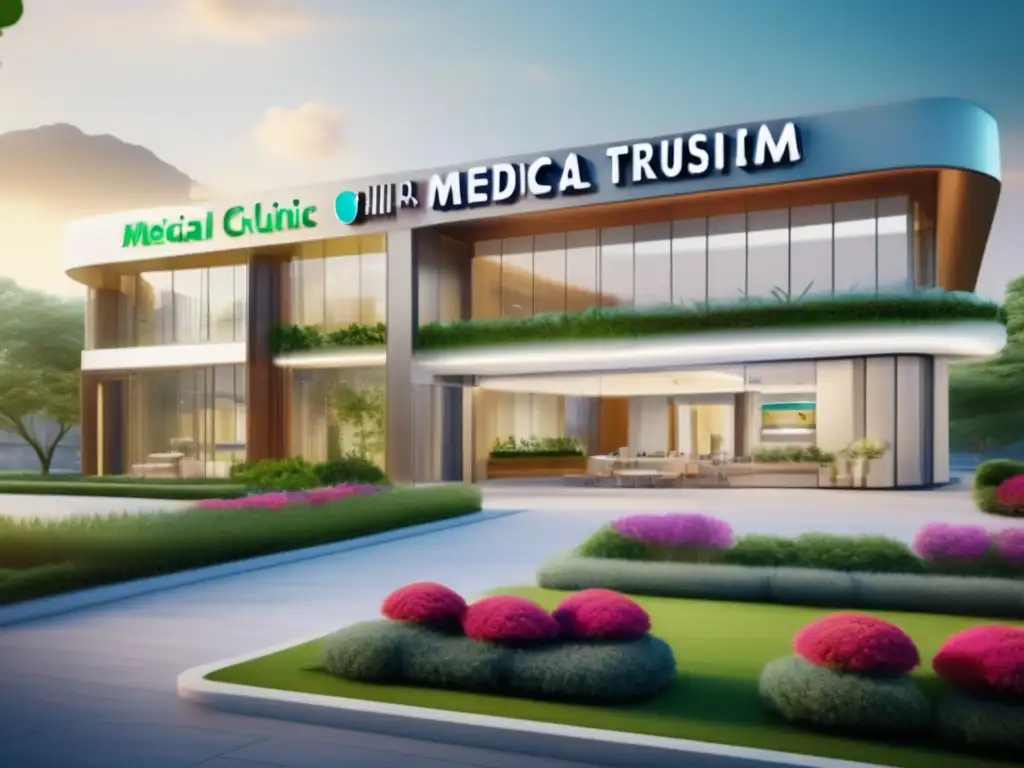 Clínica médica moderna en destino turístico Destino turismo médico: clínica moderna rodeada de jardines, rascacielos y consejos para viajeros maduros
