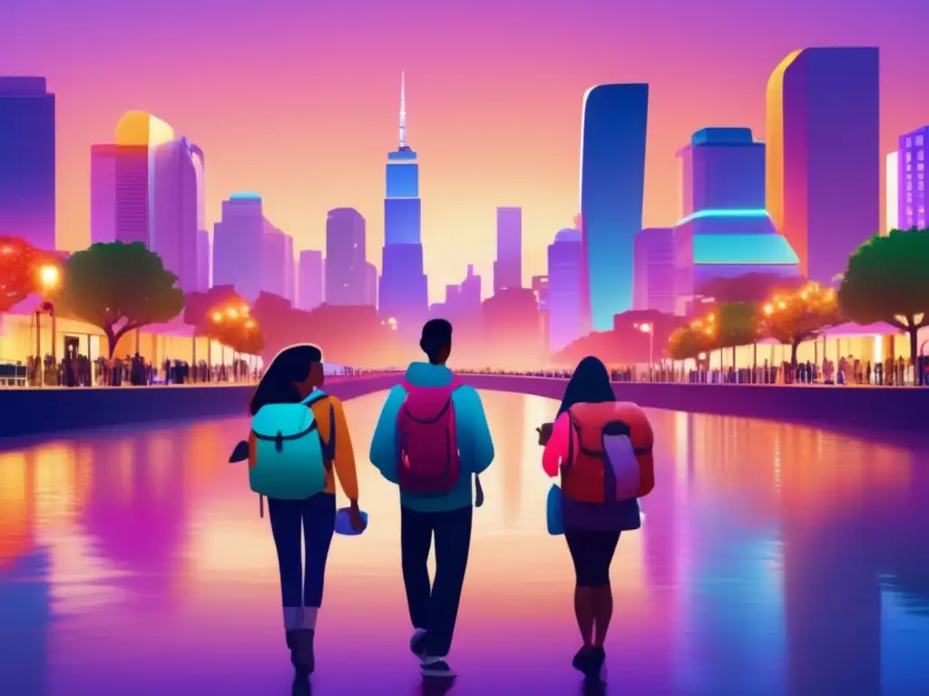Vibrante ciudad al atardecer con rascacielos iluminados y un rio reflejando el horizonte