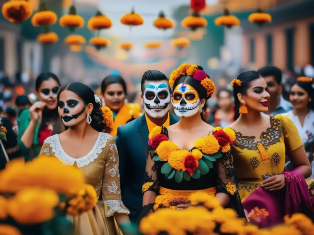 Celebración del Día de los Muertos en Ciudad de México Festival emocionante en Ciudad de México: Calle llena de color, alegría y elegantes participantes con diseños tradicionales de calaveras de azúcar
