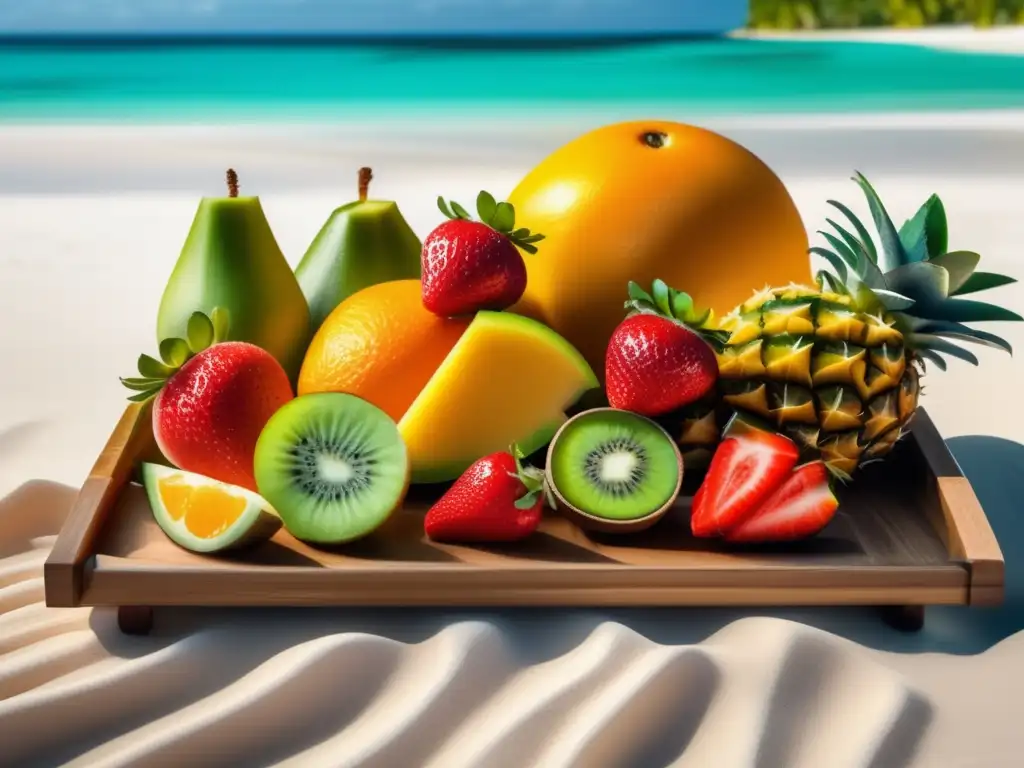 Consejos para controlar tentaciones culinarias en viaje: Frutas exóticas vibrantes y frescas en una playa paradisíaca