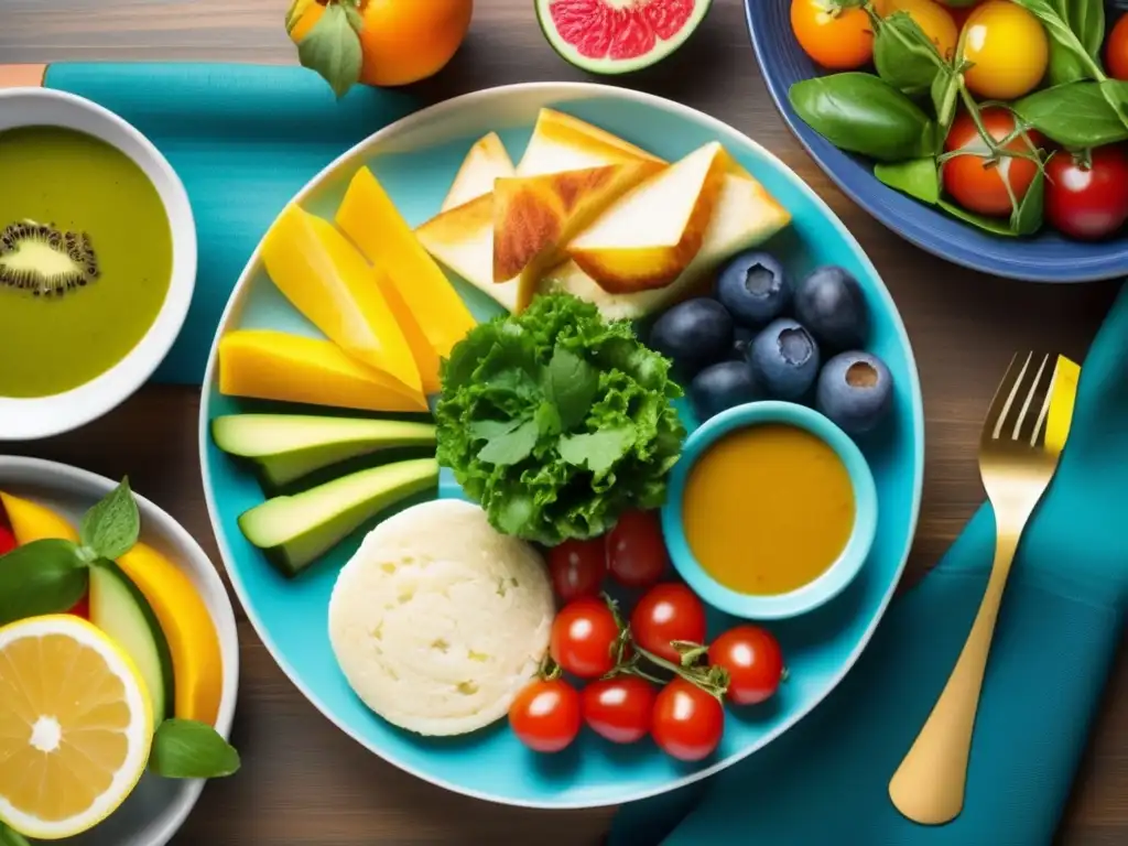 Plato saludable para viajeros seniors Dietas saludables para viajeros senior: plato vibrante y colorido con frutas, vegetales, proteínas magras y granos enteros