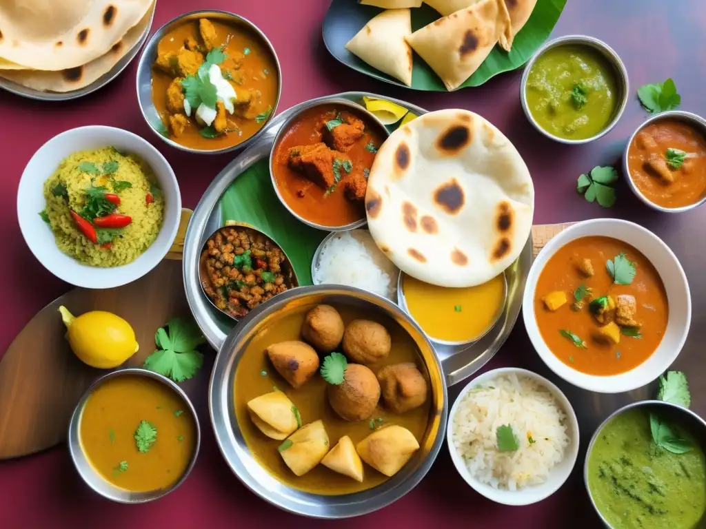 Aventuras culinarias en India: plato tradicional con butter chicken, biryani, dosa, samosas y chole bhature, adornado con coriandro, limón y chiles